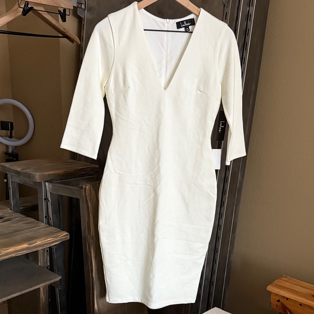 Lulu's Cream Long Sleeve V-Neck Dress